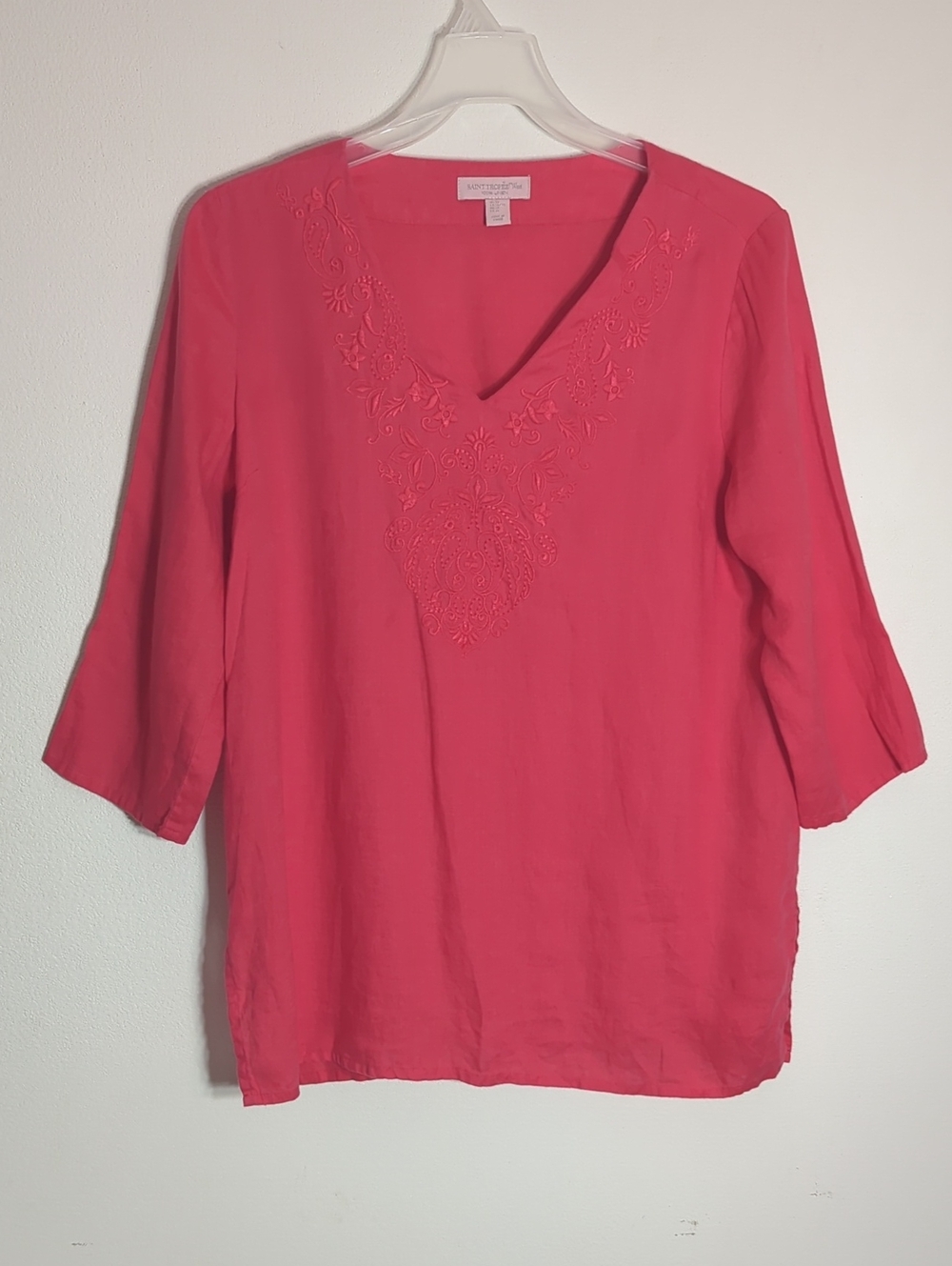 Womens Tunic Top Shirt 100% Linen Floral Embroidery Tropical Vacation Cruise XL